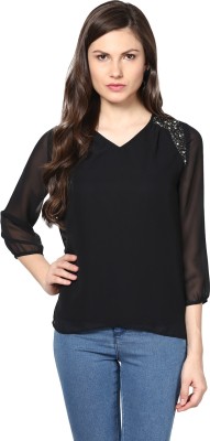 HARPA Casual Regular Sleeve Embellished Women Black Top