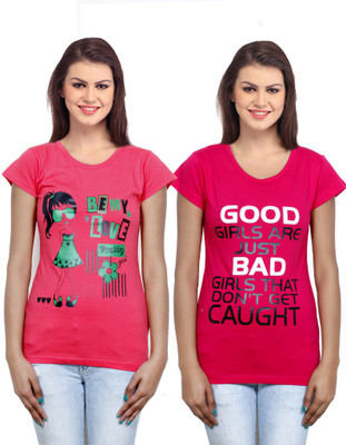

IndiWeaves Casual Short Sleeve Printed Women's Pink, Red Top(Size: M)