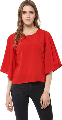 HARPA Casual Petal sleeve Solid Women Red Top