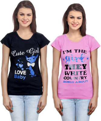 

IndiWeaves Casual Short Sleeve Printed Women's Black, Pink Top(Size: L)