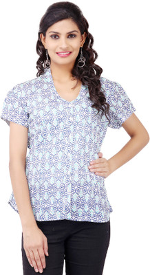 

Pear Blossom Casual Short Sleeve Printed Women's Blue Top