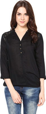 HARPA Casual Roll-up Sleeve Solid Women Black Top