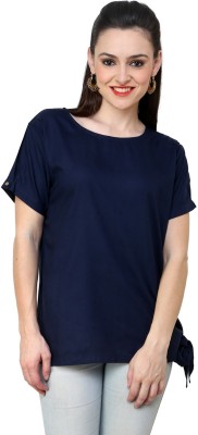 PANNKH Casual Short Sleeve Solid Women Dark Blue Top