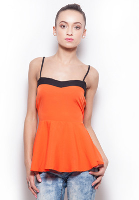 Popnetic Casual Sleeveless Solid Women Orange Top