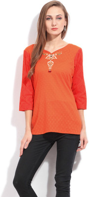 

Imara Casual 3/4th Sleeve Self Design Women's Red Top, Orange