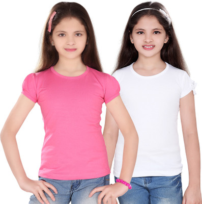 Sini Mini Casual Cotton Top(White, Pack of 2, Pink & white
