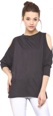 Miss Chase Casual Cold Shoulder, 3/4 Sleeve Solid Women Dark Blue Top