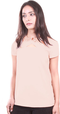 

AR2 Party Short Sleeve Solid, Embroidered Women's Pink Top, Peach