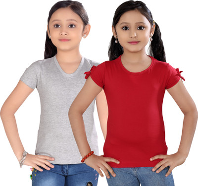 

Sini Mini Girls Casual Cotton Top(Red, Pack of 5, Silver & red