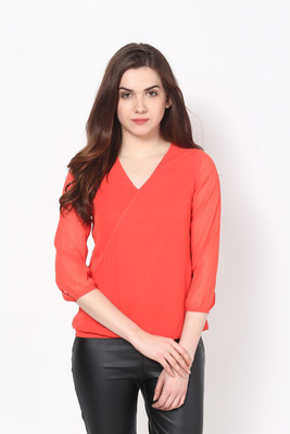 HARPA Casual 3/4 Sleeve Solid Women Orange Top