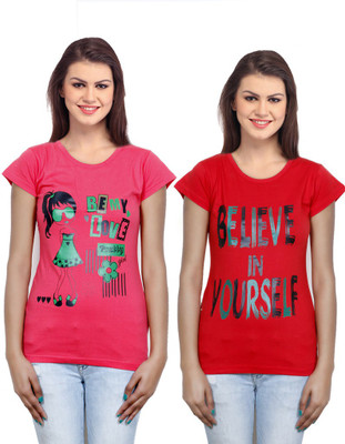 

IndiWeaves Casual Short Sleeve Printed Women's Pink, Red Top(Size: XXL)