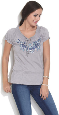 

Espresso Casual Short Sleeve Embroidered Women's Grey Top