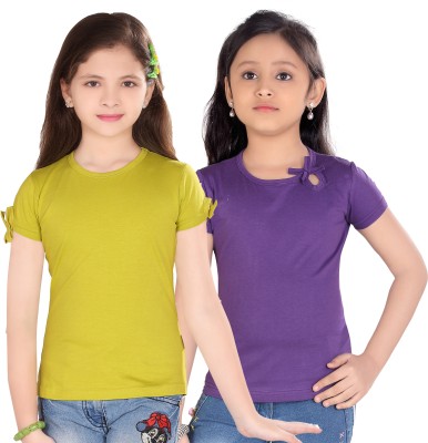 SINI MINI Girls Casual Cotton Blend Top(Purple, Pack of 2)