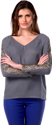 

Miss Chase Party Full Sleeve Solid Women's Grey Top