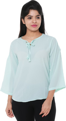 OLD KHAKI Casual 3/4 Sleeve Solid Women Light Green Top