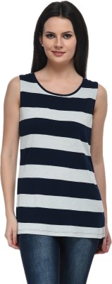 Frenchtrendz Casual Sleeveless Striped Women Dark Blue, Brown Top