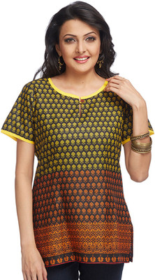 Enah Casual Short Sleeve Printed Women's Black Top, Black-yellow