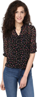 HARPA Casual 3/4 Sleeve Printed Women Black Top