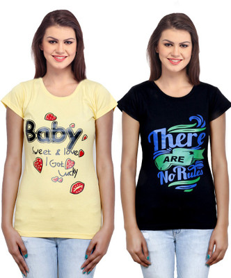 

IndiWeaves Casual Short Sleeve Printed Women's Yellow, Black Top(Size: XL), Black;yellow