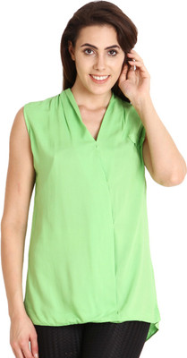 SOIE Casual Sleeveless Solid Women Green Top SOIE Casual Sleeveless Solid Women Green Top