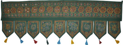 

Lal Haveli Rajasthani Ethnic Elephant and Peacock Design Embroidery Mirror Work Handmade Hanging Toran(Cotton)