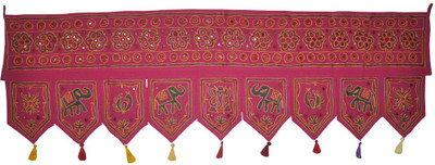 

Lal Haveli Rajasthani Ethnic Elephant and Peacock Design Embroidery Mirror Work Handmade Hanging Toran(Cotton)