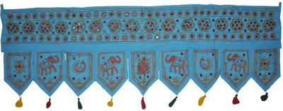 

Lal Haveli Rajasthani Ethnic Elephant and Peacock Design Embroidery Mirror Work Handmade Hanging Toran(Cotton)