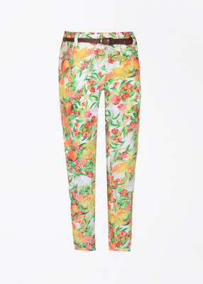 

People Regular Fit Girls Multicolor Trousers, White base with pink and green print