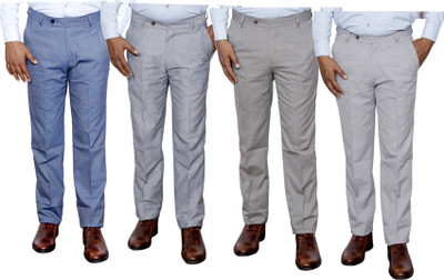 IndiWeaves Regular Fit Men Grey, Cream Trousers