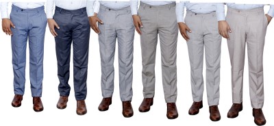 IndiWeaves Regular Fit Men Blue, Grey, Cream Trousers