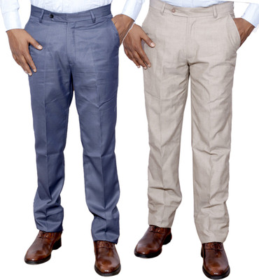 IndiWeaves Regular Fit Men Grey, Cream Trousers