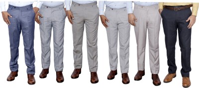 IndiWeaves Regular Fit Men Grey, Cream Trousers