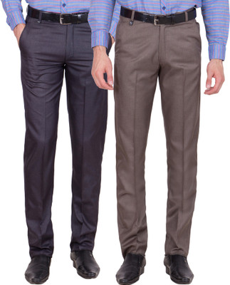 Tiger Grid Slim Fit Men's Multicolor Trousers, Blue;dark brown