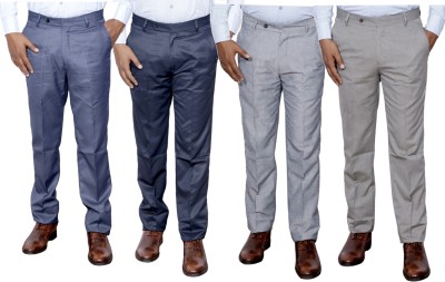 IndiWeaves Regular Fit Men Blue, Grey, Cream Trousers