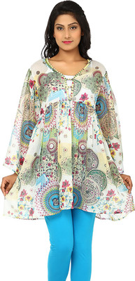 Anekaant Casual Full Sleeve Printed Women Multicolor, White Top