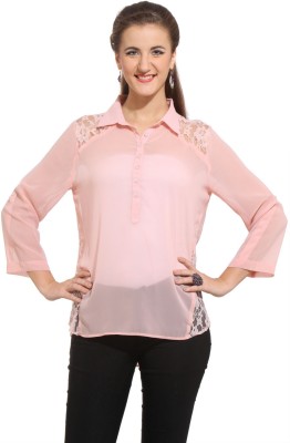 PURYS Casual 3/4 Sleeve Solid Women Pink Top