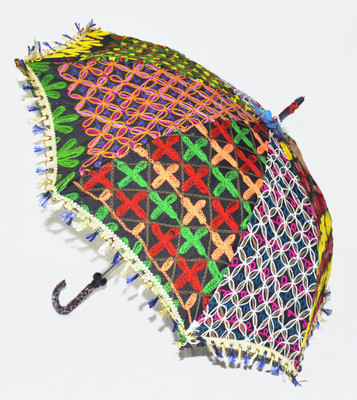 

Lal Haveli Ethnic Hand Embroidered Parasol Cotton Foldable Umbrella(Black)