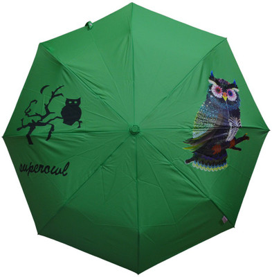 Murano 3 fold auto open green color owl print Umbrella(Green)