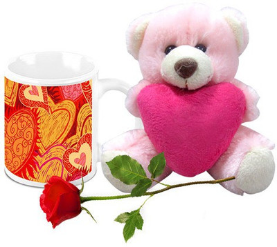 

Homesogood Valentine's Day Painting Coffee With Teddy & Red Rose Ceramic Mug(325 ml, Pack of 3)