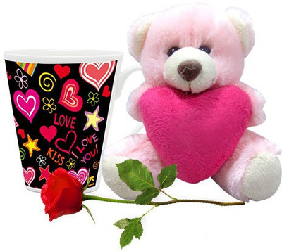 

Homesogood Eat Pray And Love Coffee With Teddy & Red Rose Ceramic Mug(355 ml, Pack of 3)