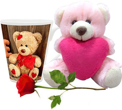 Homesogood Lovely Valentine's Day Gift Coffee With Teddy & Red Rose Ceramic Mug(355 ml, Pack of 3)
