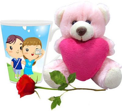 

Homesogood The Valentine Selfie Coffee With Teddy & Red Rose Ceramic Mug(355 ml, Pack of 3)