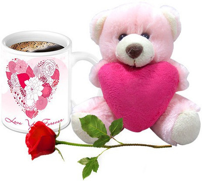 

Homesogood Love You Forever With Beautiful Flowers Design Coffee With Teddy & Red Rose Ceramic Mug(325 ml, Pack of 3)