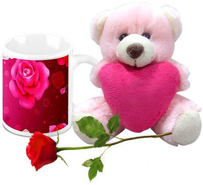 

Homesogood Beautiful Rose Beautiful Valentine's Day Coffee With Teddy & Red Rose Ceramic Mug(325 ml, Pack of 3)
