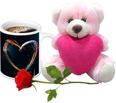 

Homesogood Colored Heart On Coffee With Teddy & Red Rose Ceramic Mug(325 ml, Pack of 3)