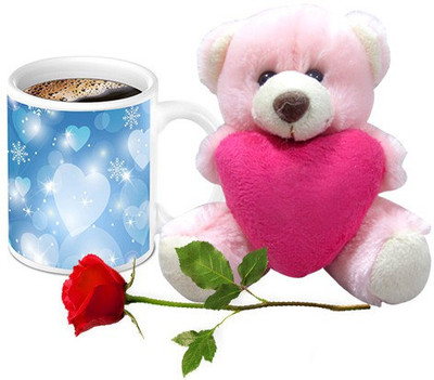 

Homesogood Glowing Crystal Hearts On Coffee With Teddy & Red Rose Ceramic Mug(325 ml, Pack of 3)