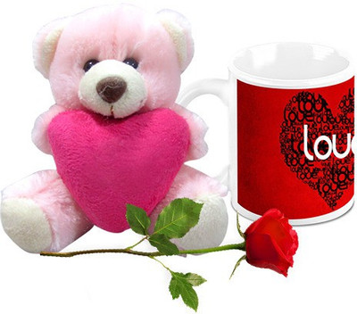 Homesogood Love Me On Valentine Coffee With Teddy & Red Rose Ceramic Mug(325 ml, Pack of 3)