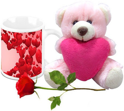 

Homesogood Flying Valentine's Day Hearts Coffee With Teddy & Red Rose Ceramic Mug(325 ml, Pack of 3)