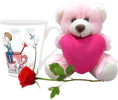 

Homesogood Coffee With Valentine Coffee With Teddy & Red Rose Ceramic Mug(355 ml, Pack of 3)