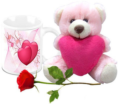 

Homesogood Spread Love On Valentine's Day Coffee With Teddy & Red Rose Ceramic Mug(325 ml, Pack of 3)